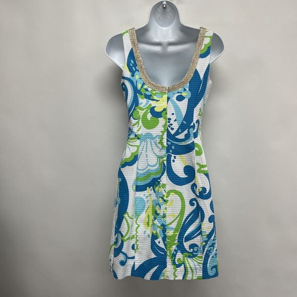 Lilly Pulitzer Women's Dress Size 00 White Green Blue Gold Sleeveless - Picture 4 of 7